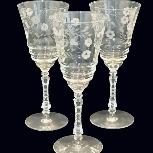 Halifax Cut Water Wine Goblets Blown Glass 7 3/4 " Set Of 3 Etched Floral - Picture 1 of 5